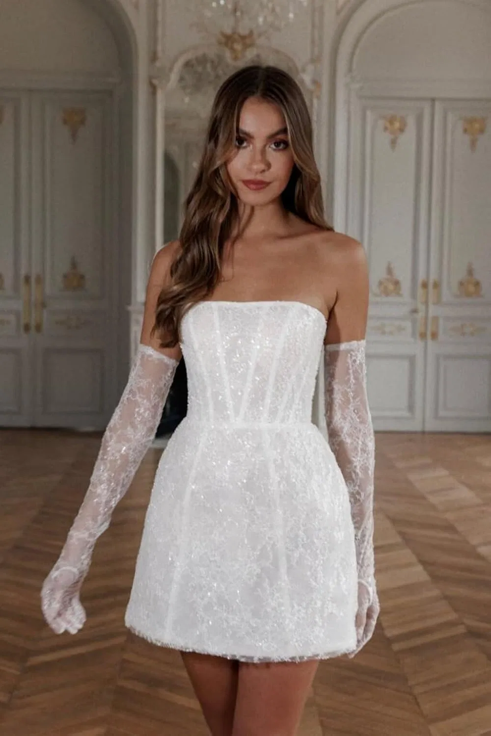 Свадебное мини-платье с кружевными аппликациями бoho, White — фото 2