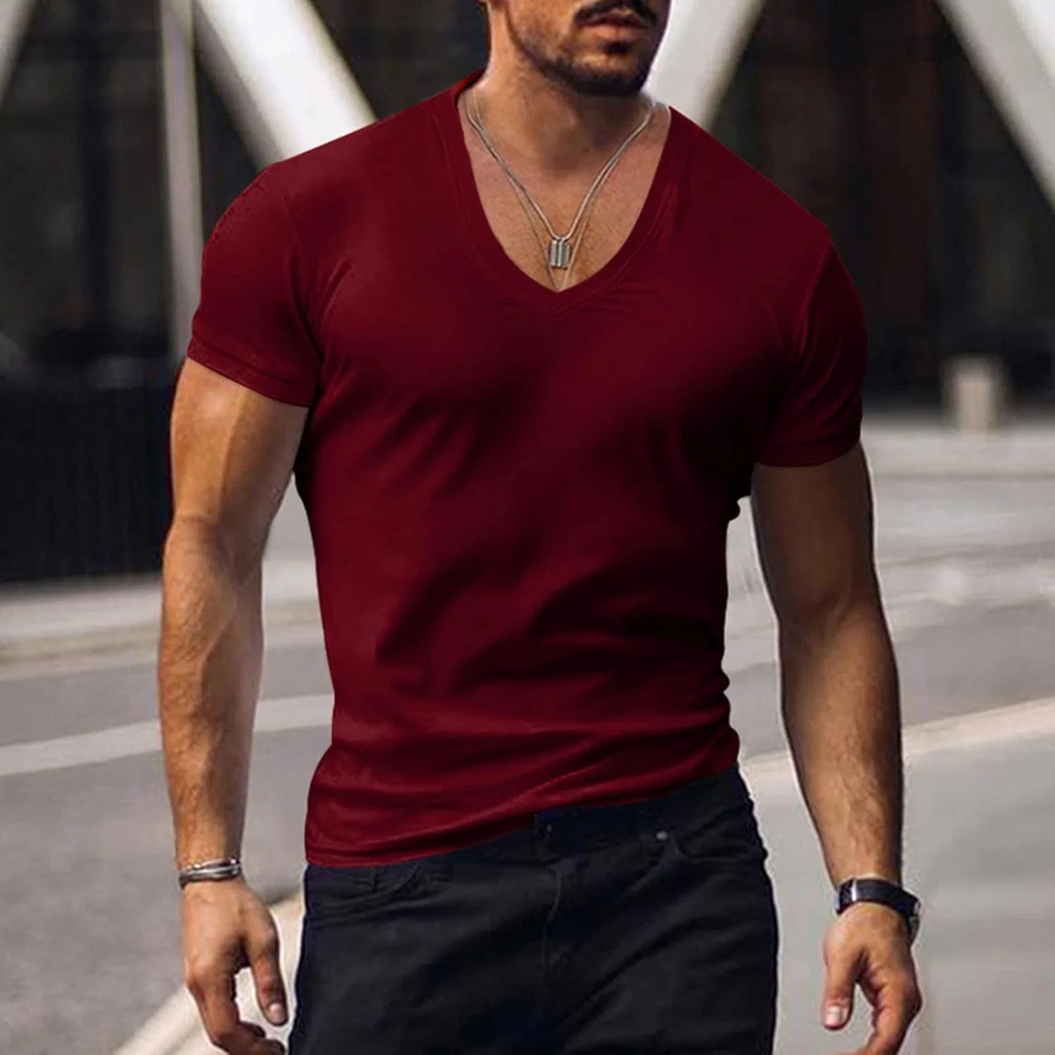 Мужская повседневная футболка с V-образным вырезом Slim Fit, Wine — фото 2