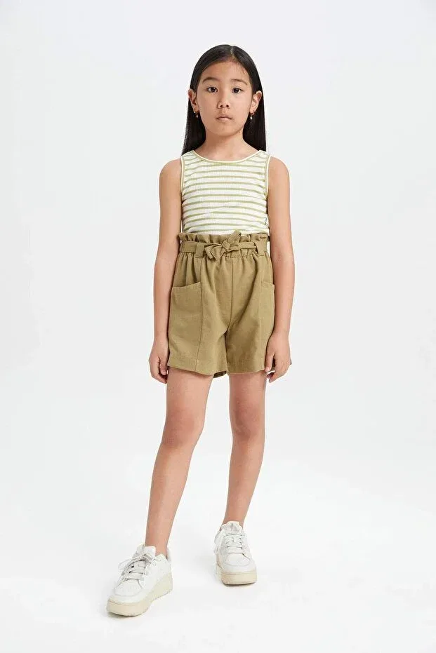 Детские шорты для девочек с высокой талией Paperbag shorts with pockets Defacto, Khaki — фото 4