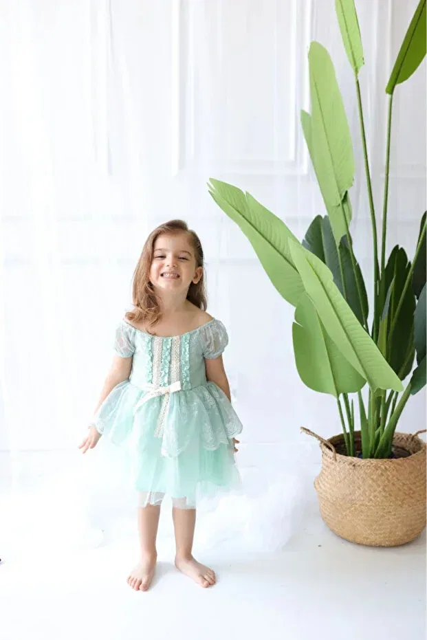 Детское платье для девочек с цветочным принтом Magnolia girl's dress Aysskids, Water Green — фото 2