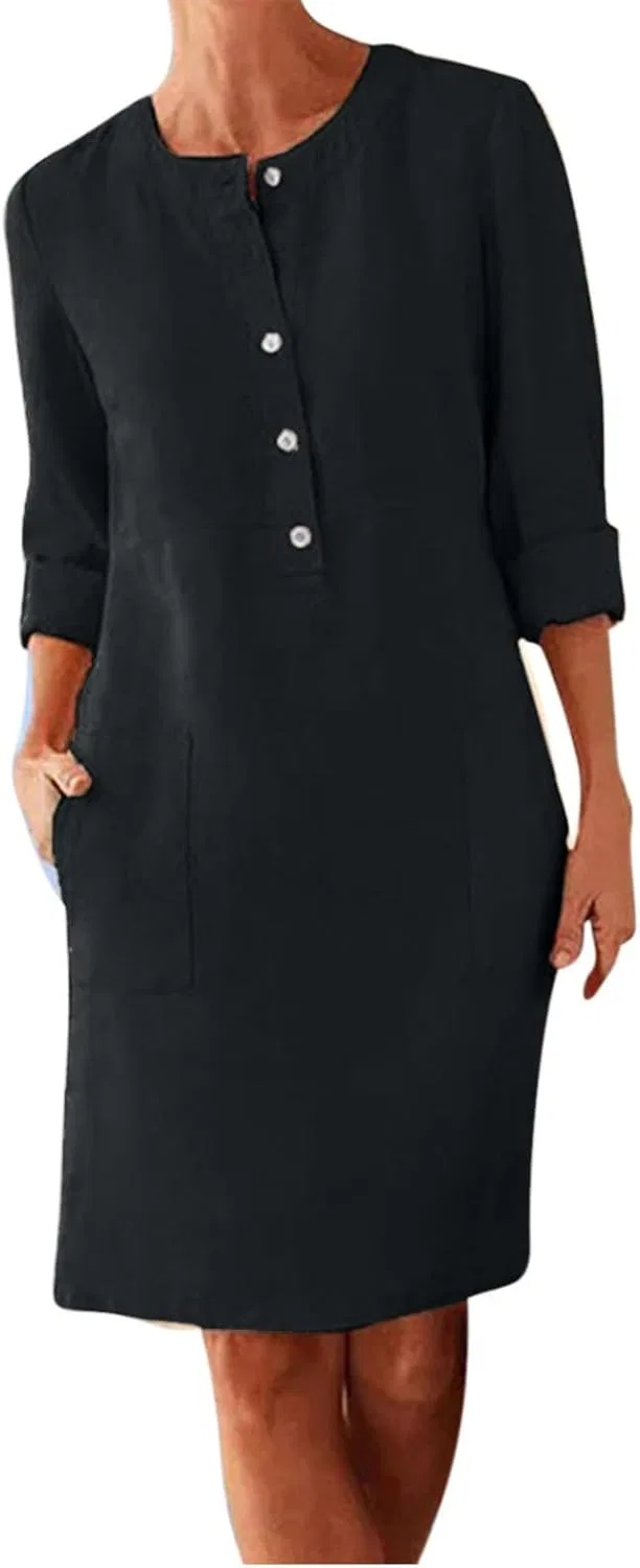 Женское повседневное платье с принтом Cotton Linen Button up, Black