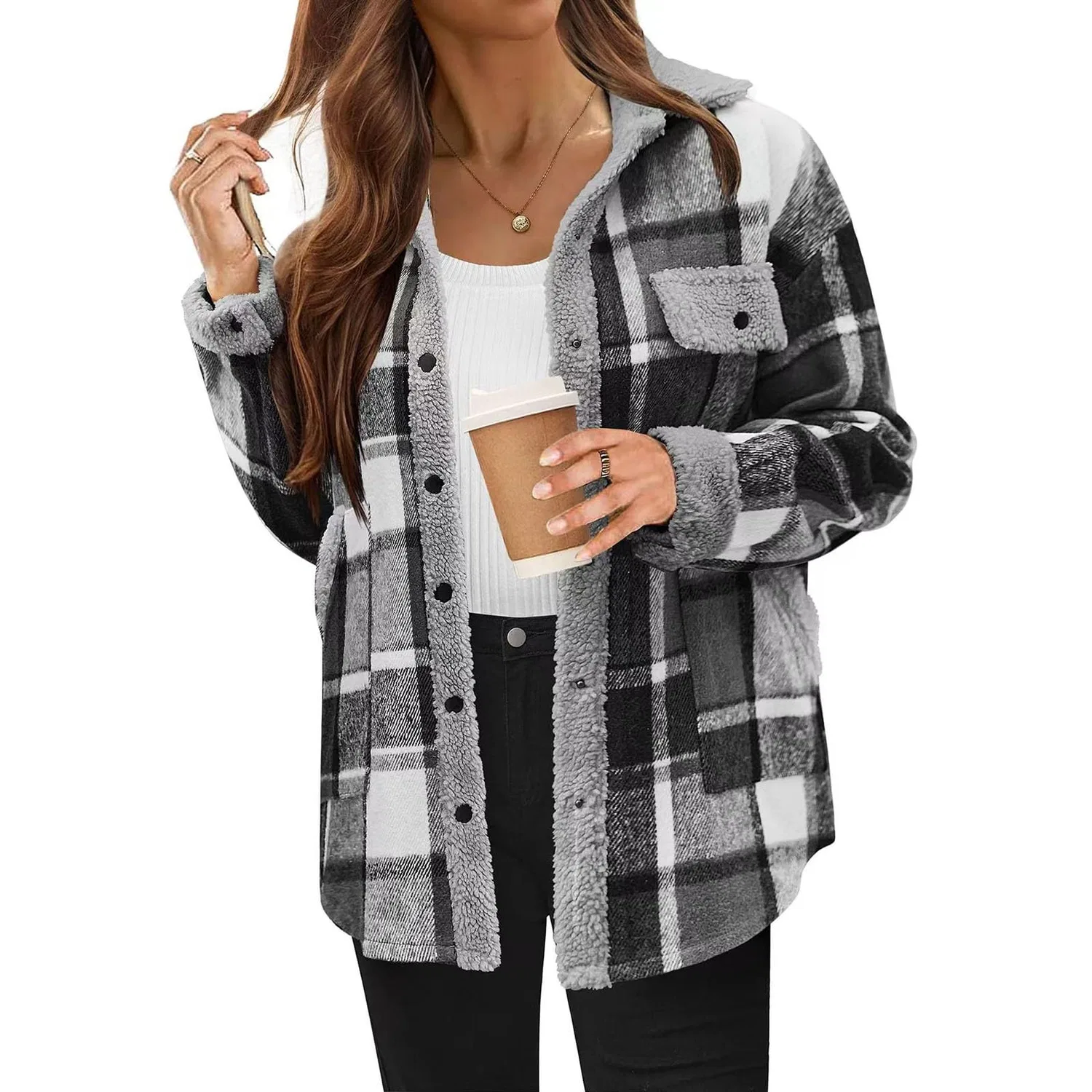Женская куртка из флиса с принтом, модель Oversize Plaid, Grigio scuro — фото 2