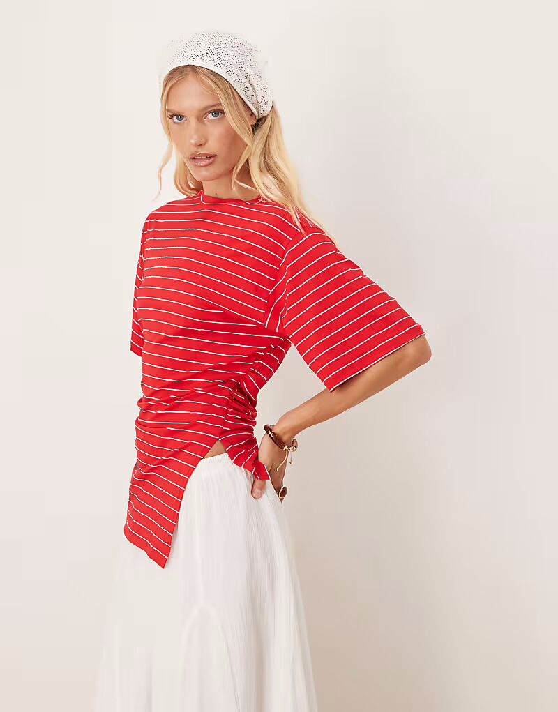 

Футболка в полоску, асимметричная, с присборенными краями, красного цвета Asos Design, Красный, Футболка в полоску, асимметричная, с присборенными краями, красного цвета Asos Design