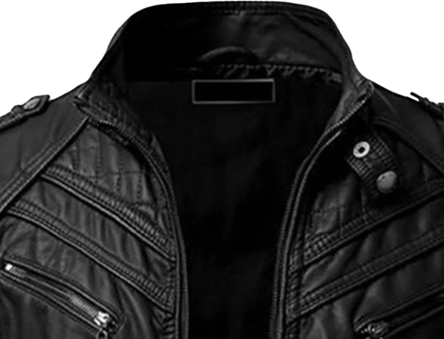 Мужское кожаное пальто с воротником-стойкой, Moto Leather Jacket, чёрный — фото 3