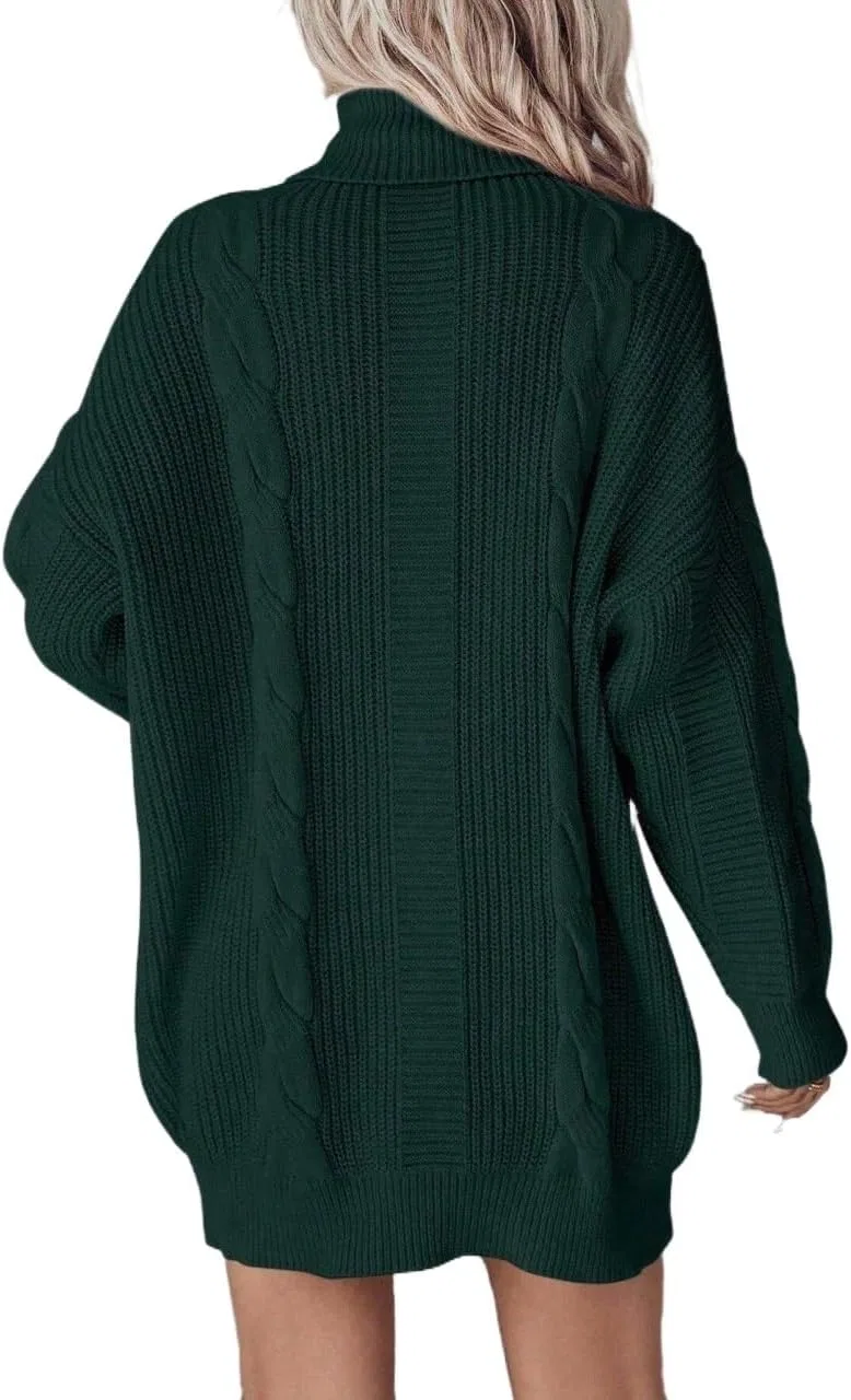 Женское вязаное платье с высоким воротником, свободный крой, Dark Green — фото 4