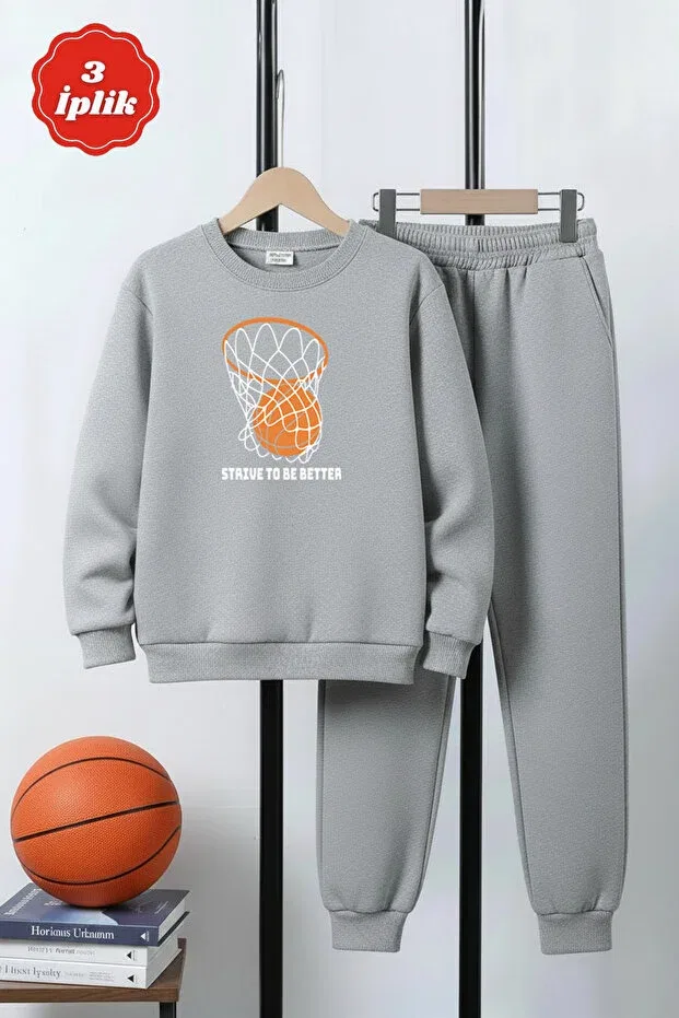 Детский спортивный костюм для мальчиков с принтом 3 thread thick sh fleece-lined crew neck print detailed 6 piece boys tracksuit set Ya Ko Kids, Navy Blue-Grey-Black — фото 4