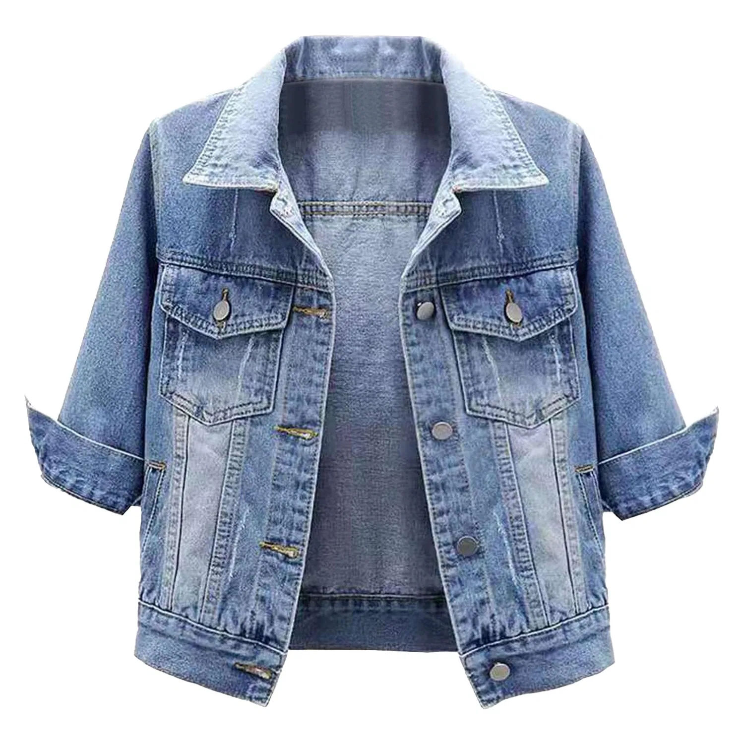 Женское джинсовое укороченное пальто с принтом Cyberpunk Rock Donna Risvolto Trucker Cappotto Distressed Y2K Street, Azzurro