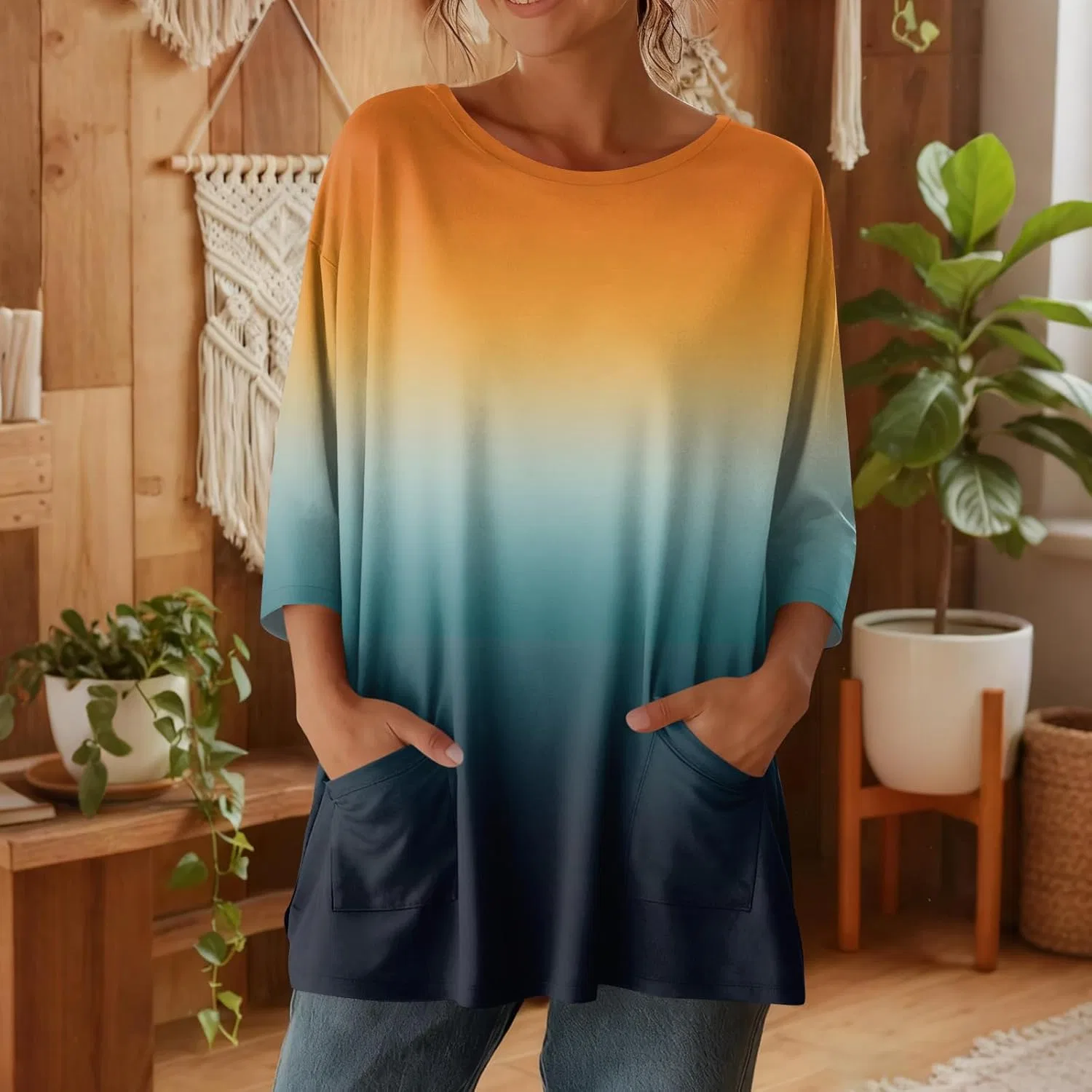 Женская футболка с рукавом 3/4 Crewneck, Saffron — фото 2