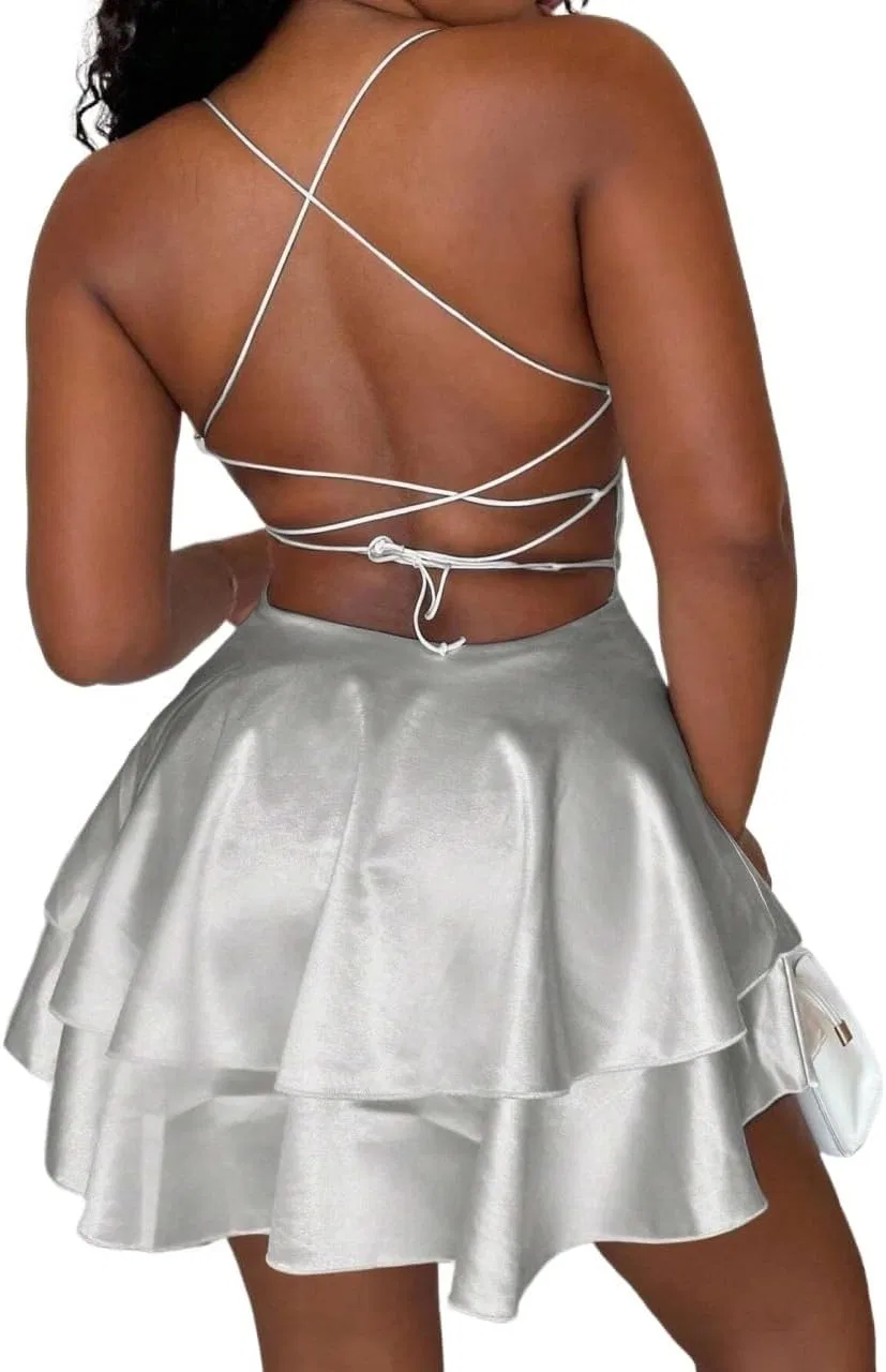 Женское мини-платье на бретелях с кружевной шнуровкой Backless, White