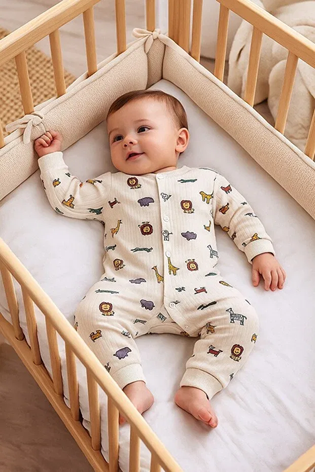 Детское боди-комбинезон для мальчиков с принтом Lion Giraffe Printed Dinamik Çocuk, Ecru Lion Zebra — фото 3