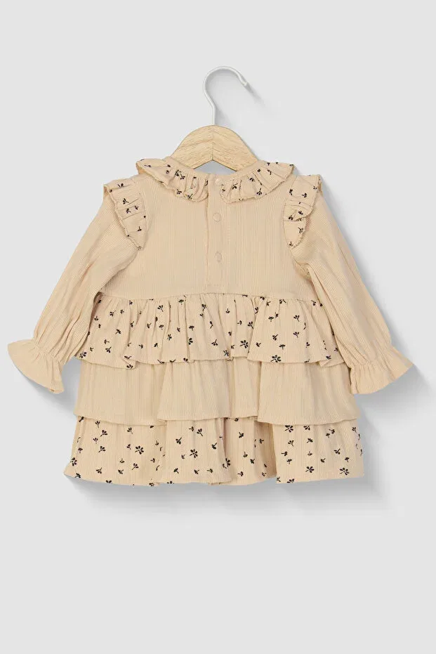 Детское платье для девочек с принтом Layered Floral Branch Patterned Bandana Mini Cotton, Beige — фото 4