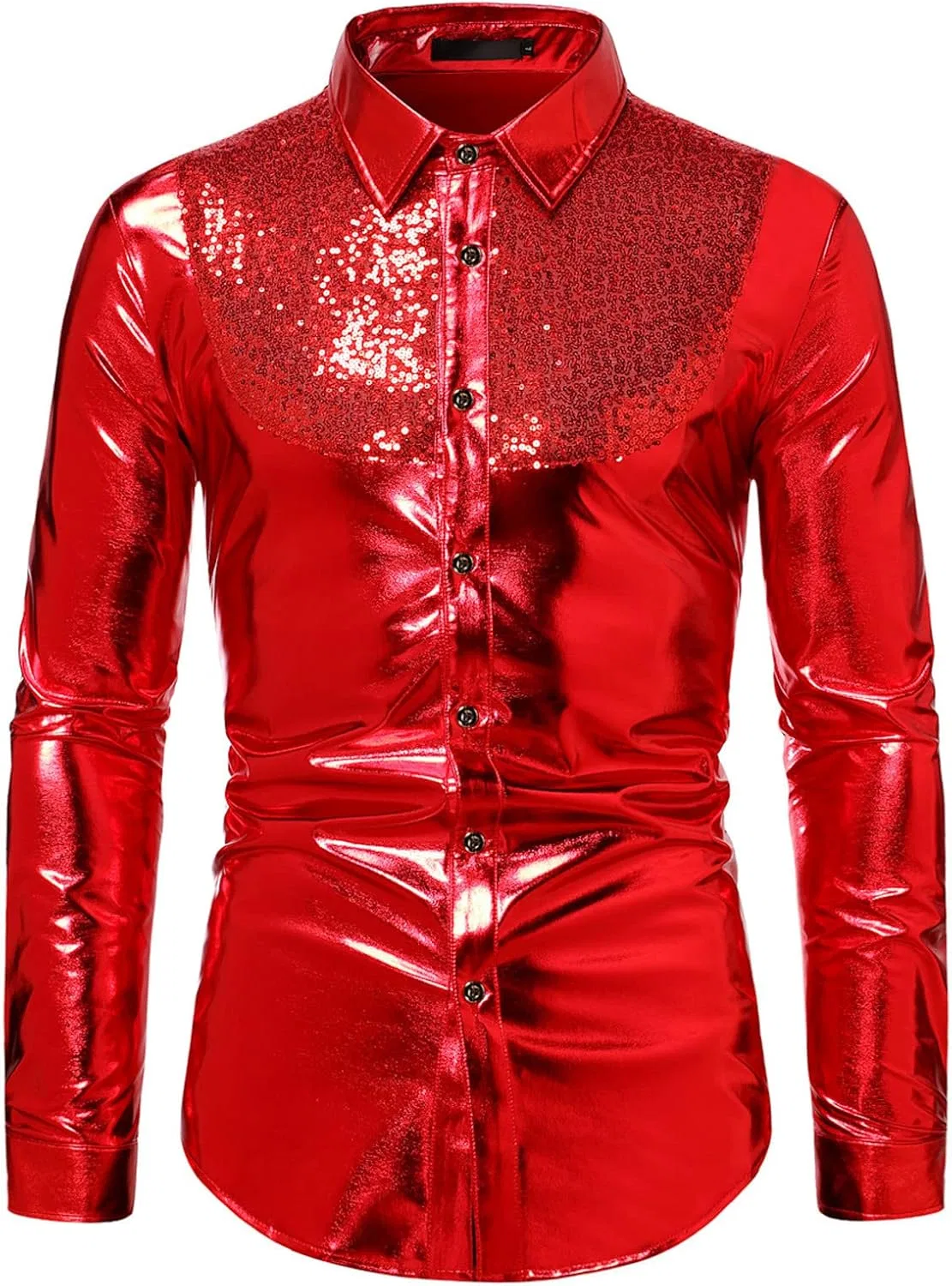 Мужская рубашка с пайетками, длинный рукав, slim fit, Red