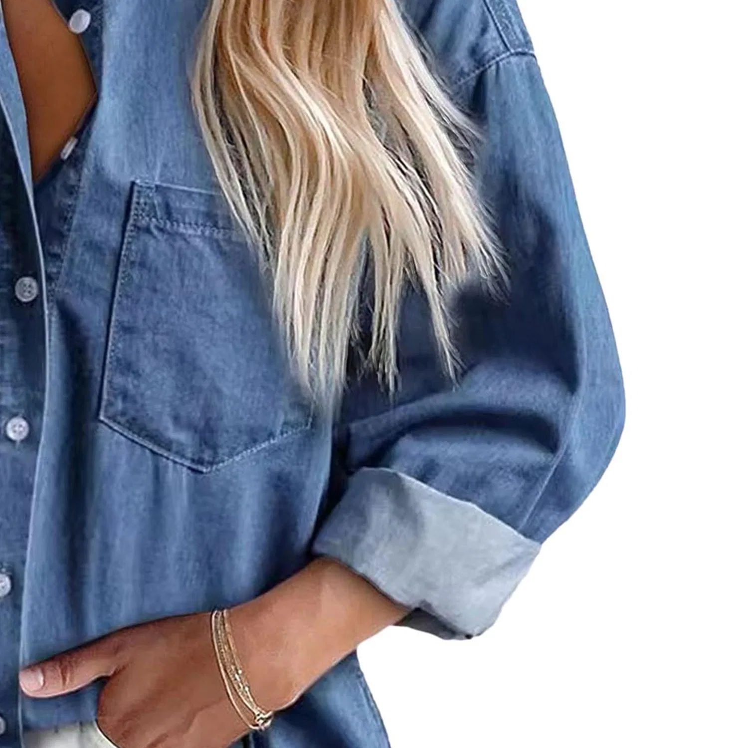 Женская джинсовая рубашка oversize с V-образным вырезом, Blu — фото 3