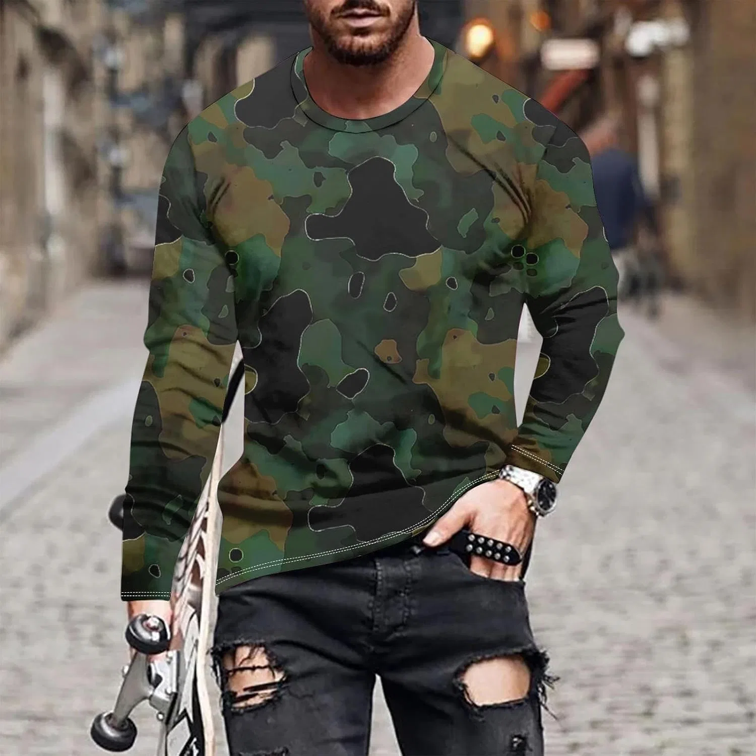 Мужская футболка с камуфляжным принтом Long Sleeve, Army Green — фото 2