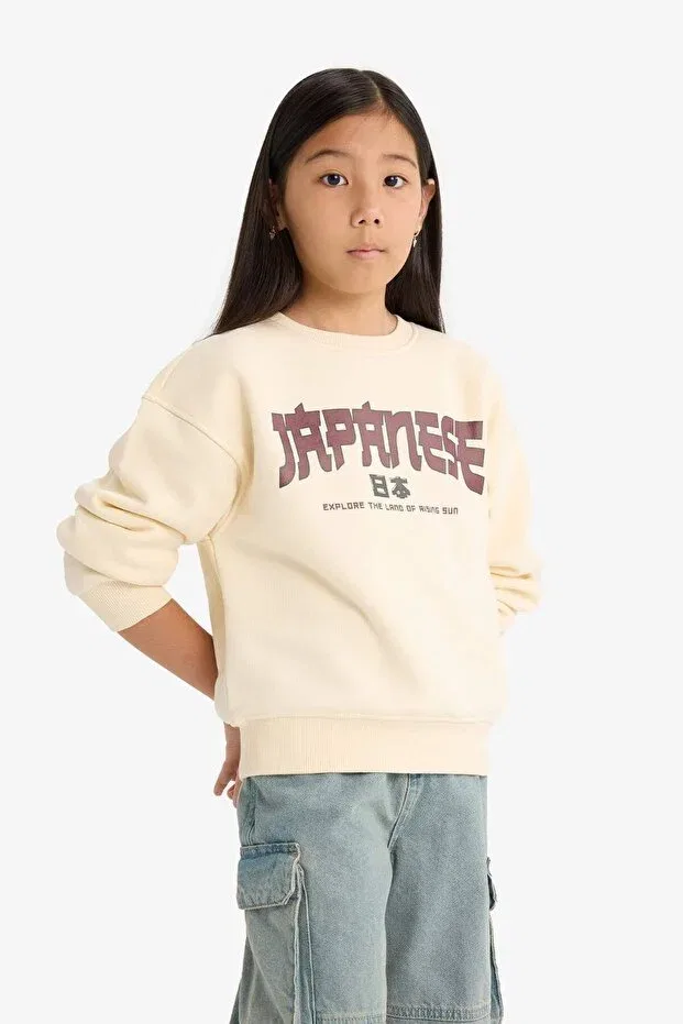 Детские свитшот для девочек с принтом Relax fit crew neck printed soft fleece inside sweatshirt for girls e6779a825wn Defacto, Ecru-Er134 — фото 4