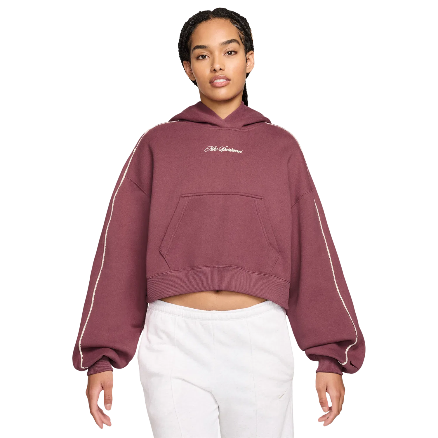 Женский худи из флиса с укороченным кроем Studio Crop Fleece Scallop Nike, Pink/White/Pink — фото 4