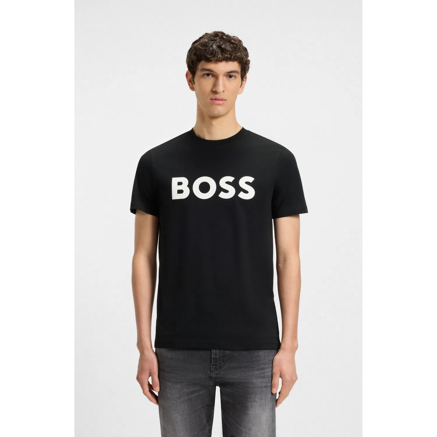 Детская хлопковая футболка с круглым вырезом и принтом BOSS ORANGE, Black