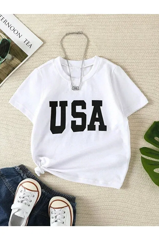 Детская футболка с принтом Children'S trend model usa printed cotton white t-shirt girls/boys Pelna, Whiteusa