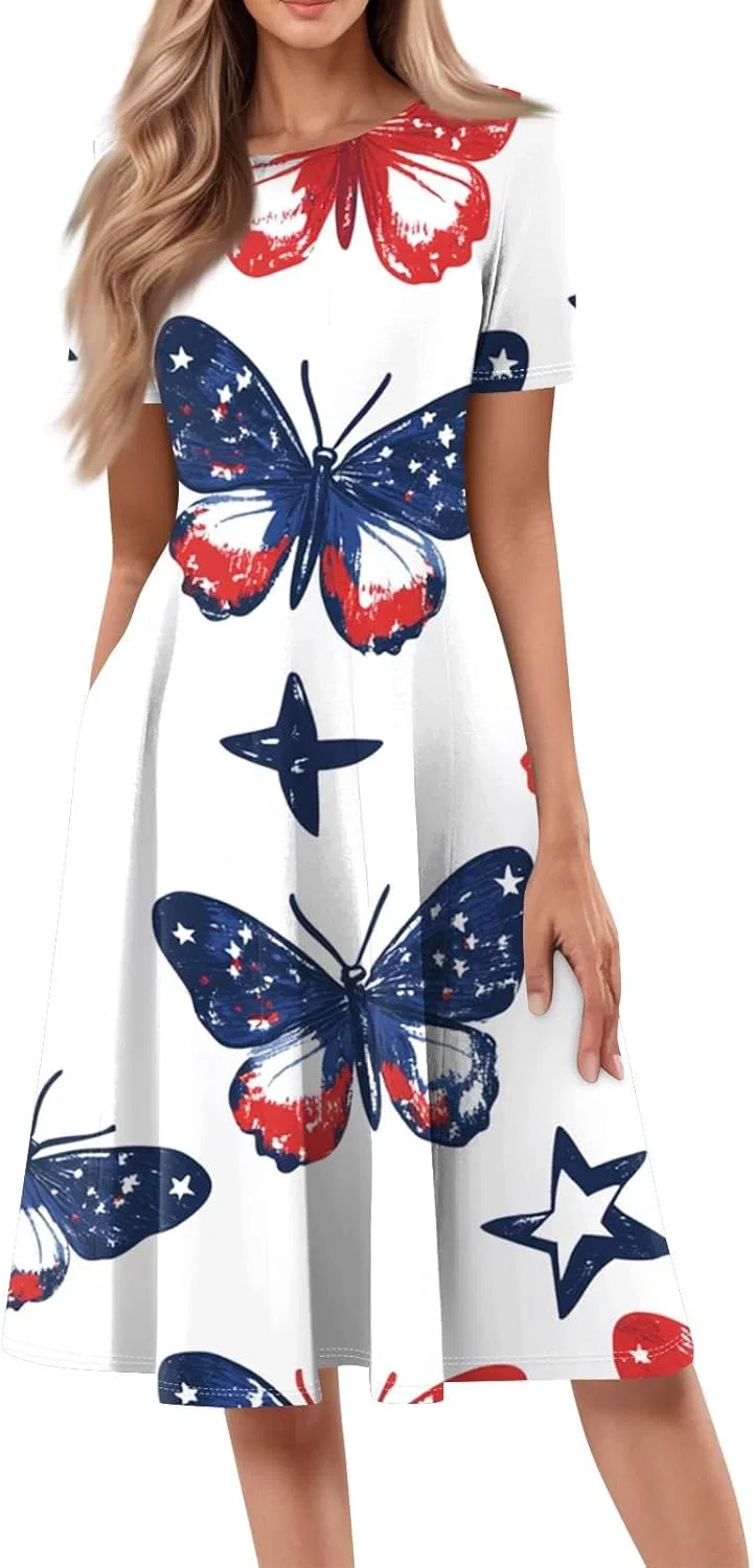 Женское повседневное платье миди с принтом звезд, American Flag, White