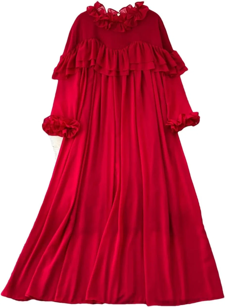 Женское свободное платье миди с длинным рукавом, Red
