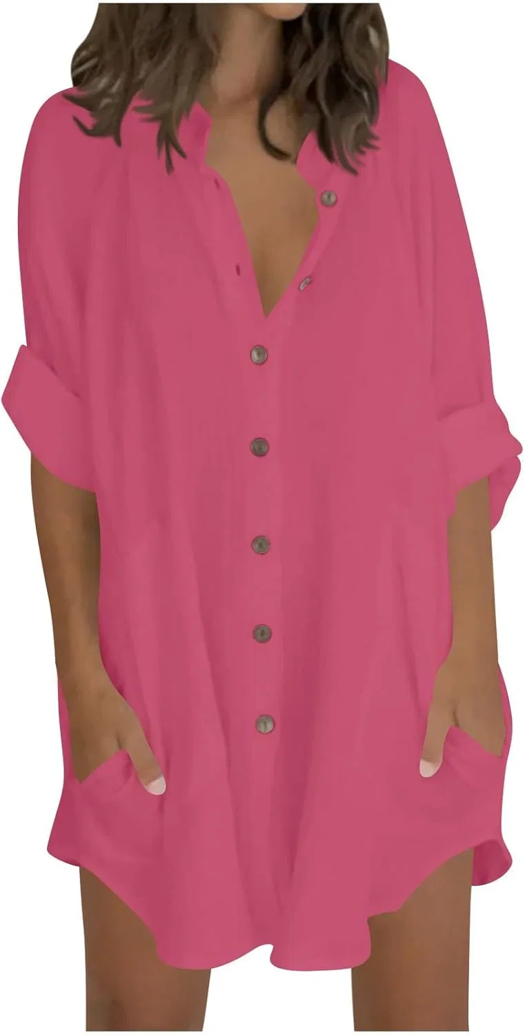 Женская туника из хлопка и льна, свободного кроя, A-hot Pink