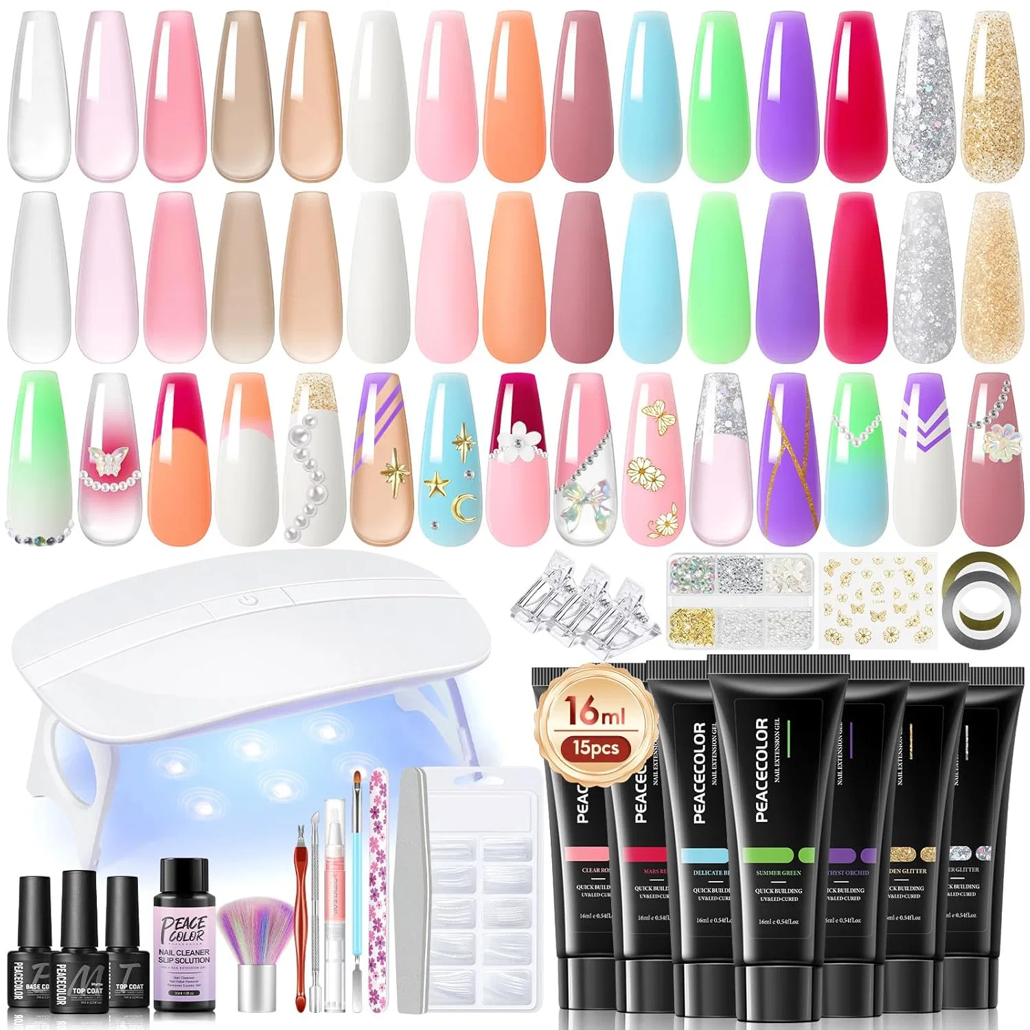 Набор полигелей для ногтей с УФ-лампой PEACECOLOR Peacecolor, 33 Pieces Sakura Fantasia Extension Gel Kit