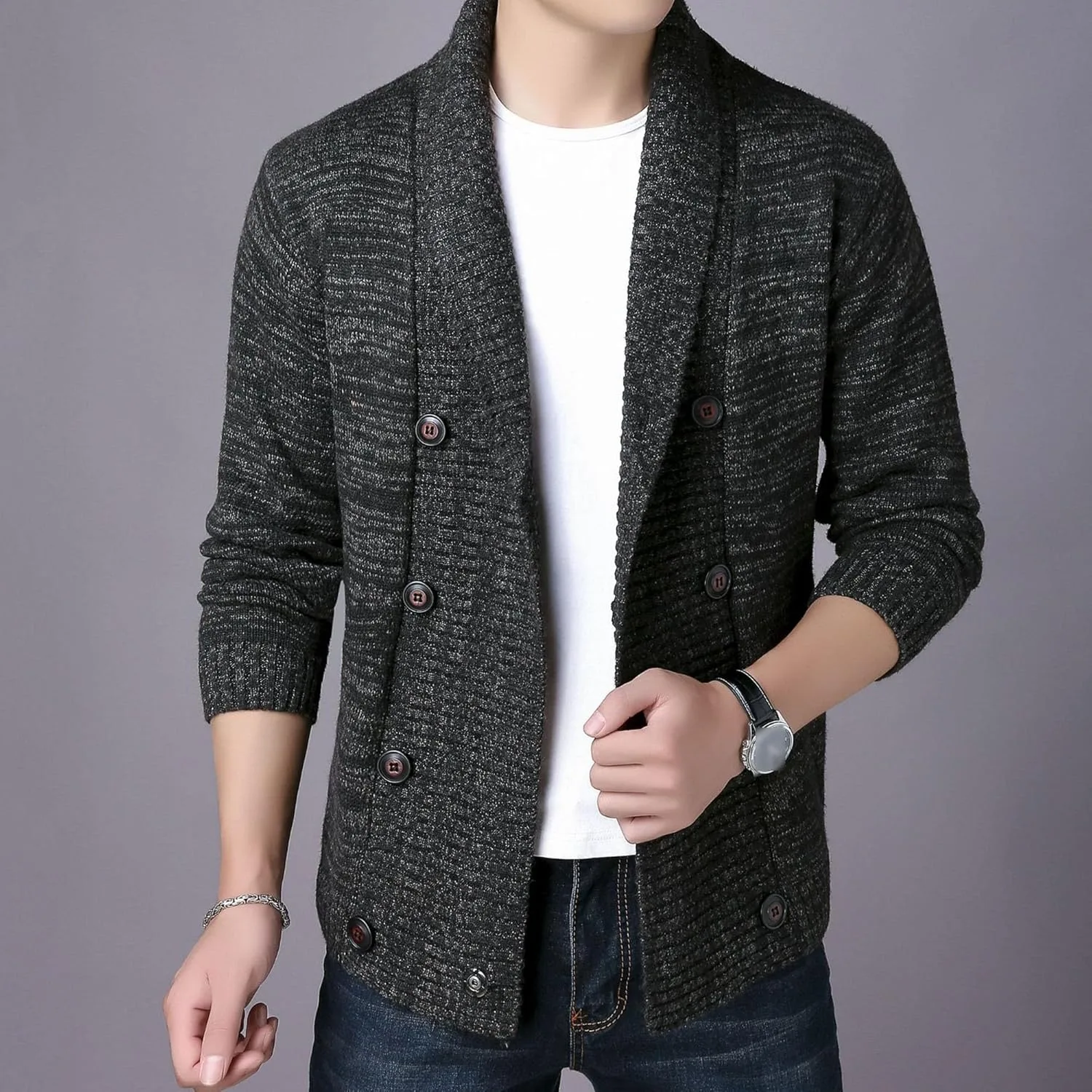 Мужской кардиган с шалькой в клетку, slim fit, кабельная вязка — фото 3