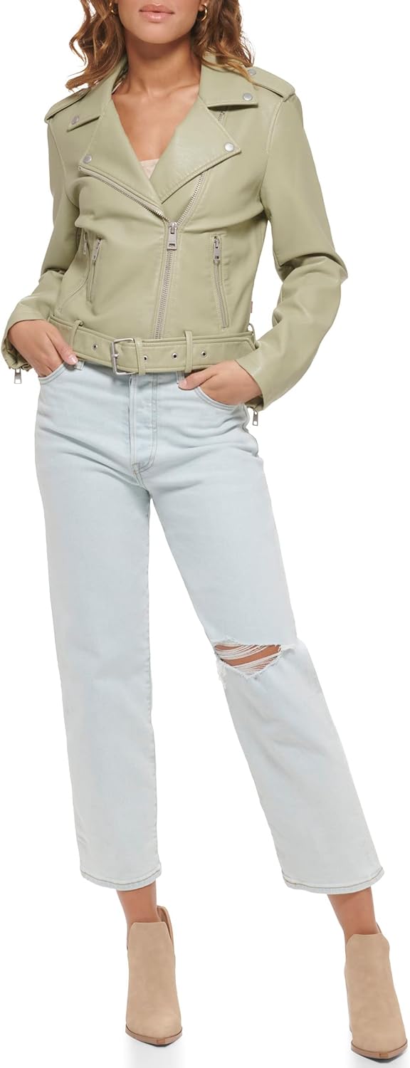 Женская куртка-косуха Levi's из искусственной кожи с поясом, светло-зеленый — фото 2