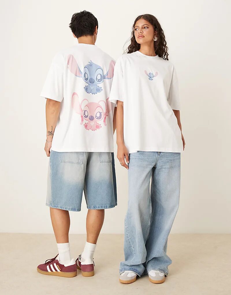 

Футболка унисекс оверсайз Disney ASOS DESIGN белого цвета с принтами Стича и Ангела