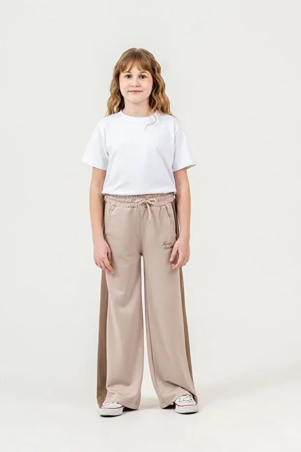 Детские спортивные штаны для девочек с вышивкой Keep Smiling Mışıl Kids, Light Beige