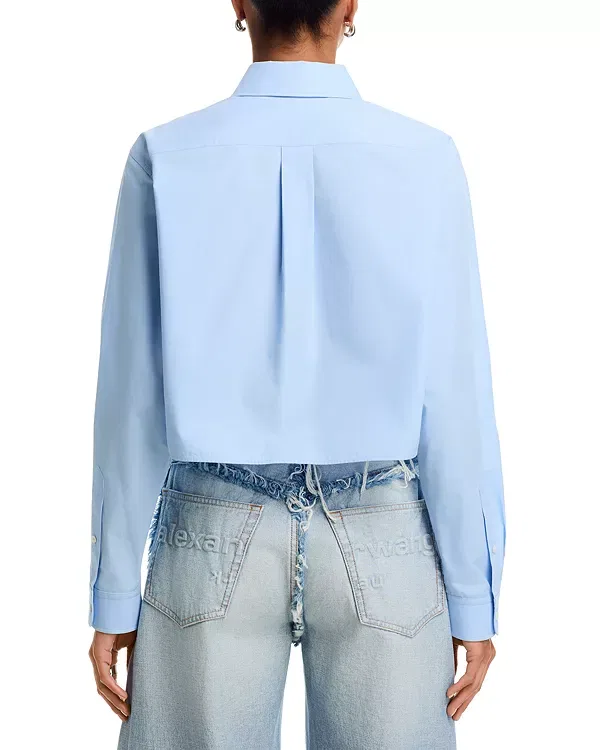 Женская рубашка хлопковая укороченная с принтом Alexander Wang, Oxford Blue — фото 3