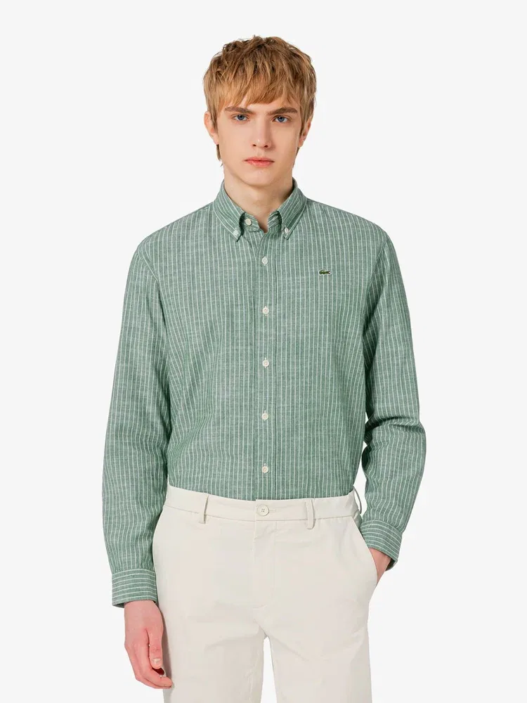 Рубашка с длинным рукавом шамбре полоска LACOSTE, Green — фото 2