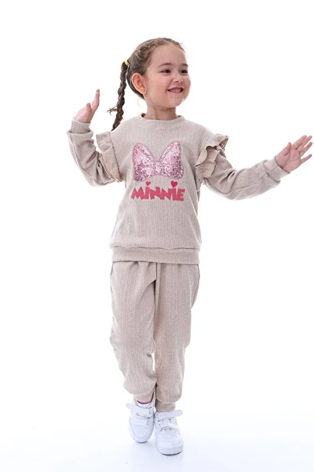 Детский комплект спортивного костюма для девочек с пайетками Minikiss, Beige — фото 3