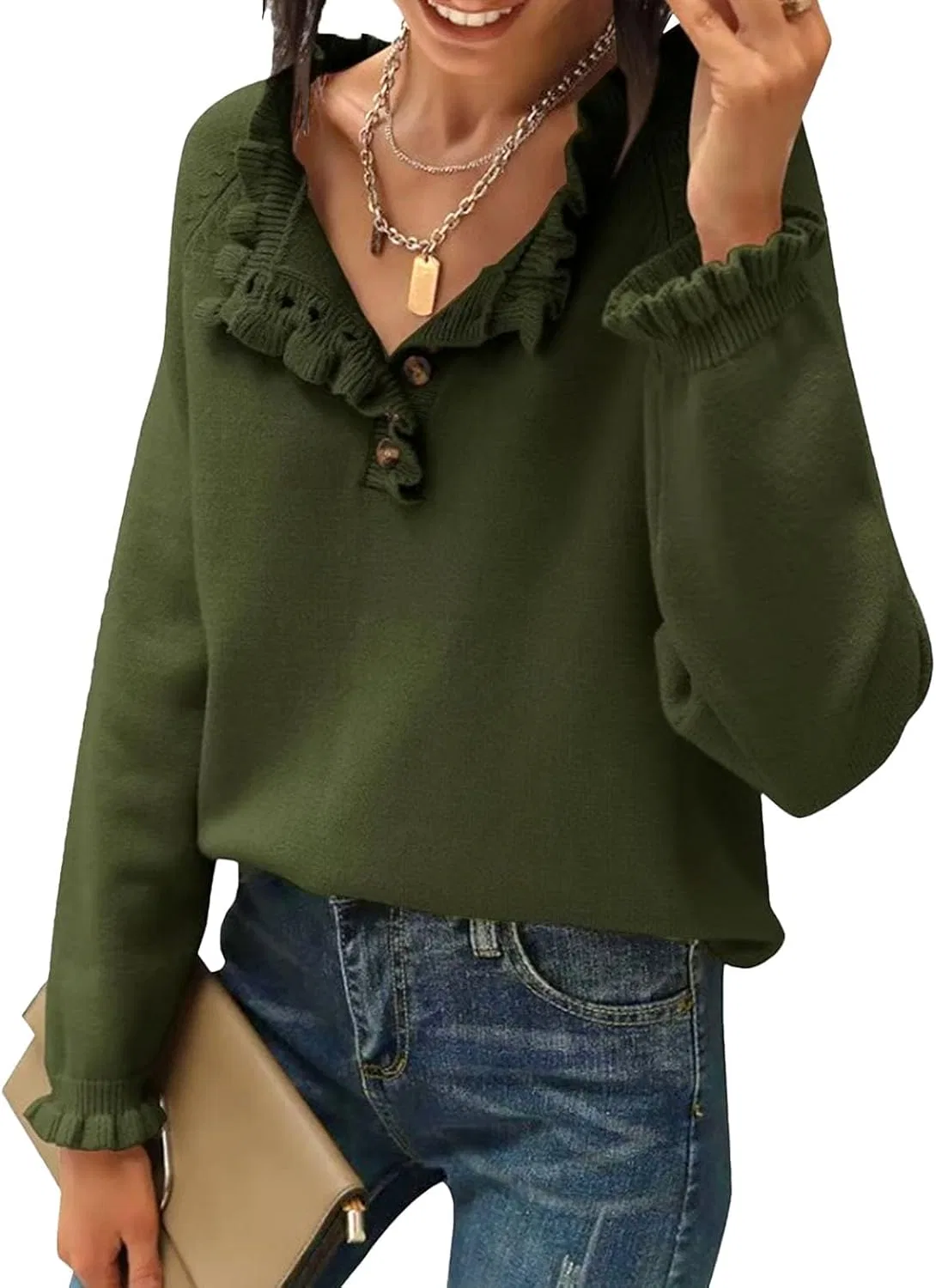 Женский свитшот с рюшами, модель Ruffle Sweaters, армейский зелёный