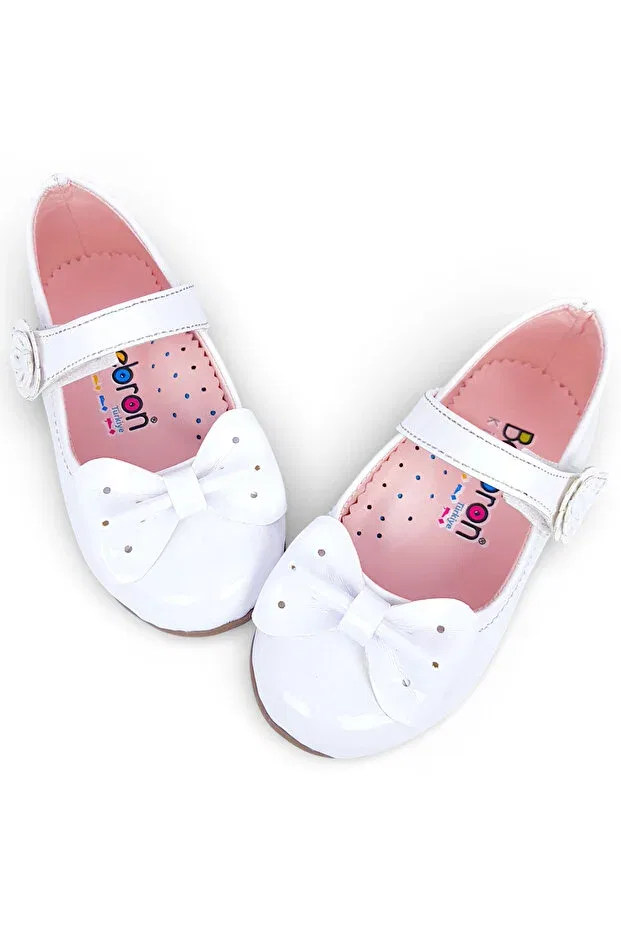Детские балетки для девочек с бантом Beebron, Patent Leather White (Powder Lining) — фото 4
