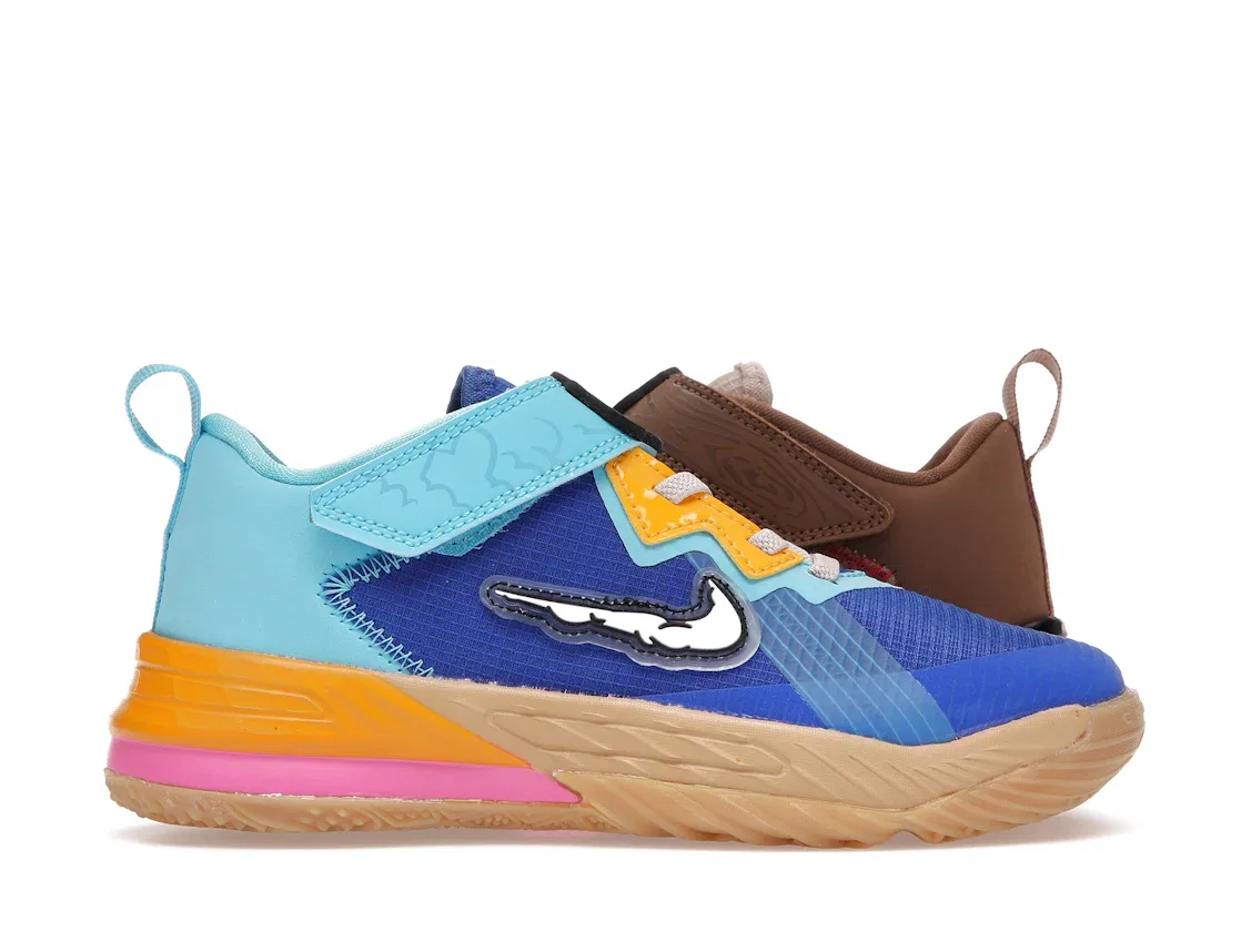 Детские кроссовки баскетбольные с дизайном Wile E. vs Roadrunner Nike LeBron 18 Low, Racer Blue/Baltic Blue-University Gold-White