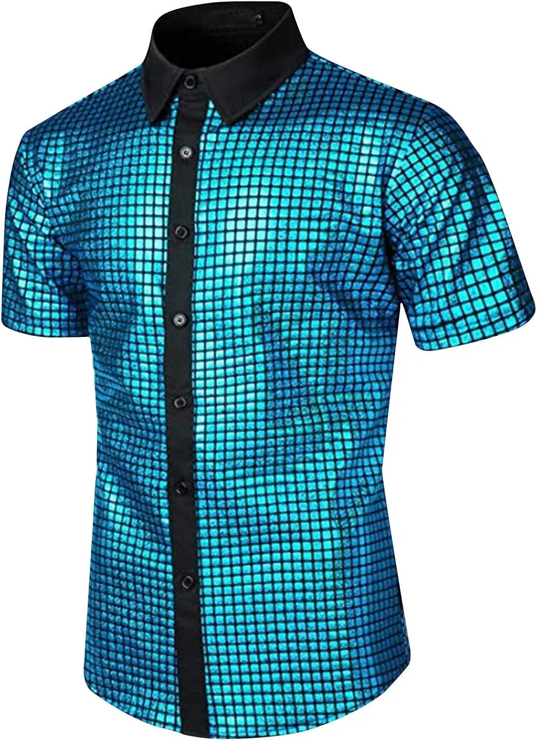 Мужская футболка с блестками Metallic Glitter Short Sleeve Party Club Tops, Light Blue