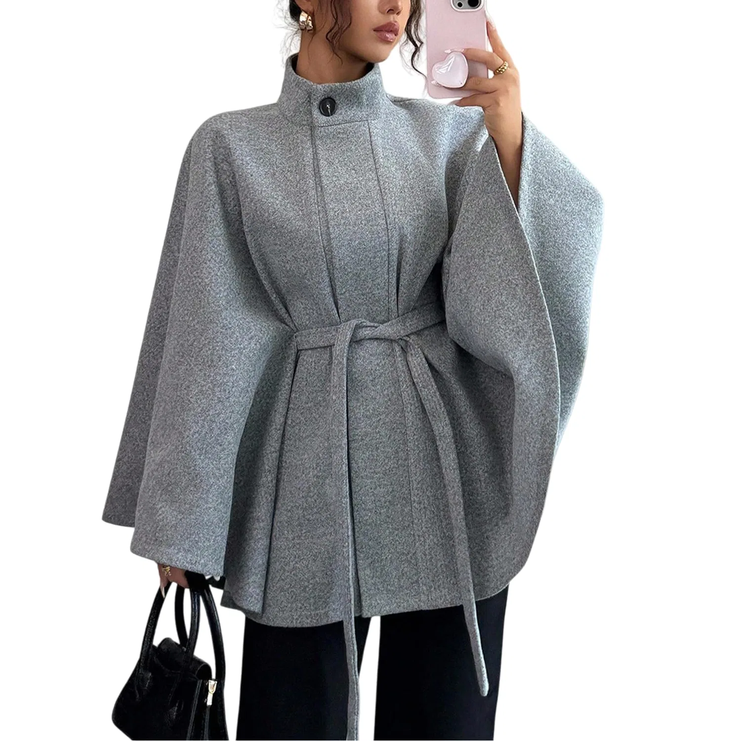 Женское пальто-накидка с рукавом-доломан и поясом, модель Neck Stand Belt Cape Cloak Coat, grey