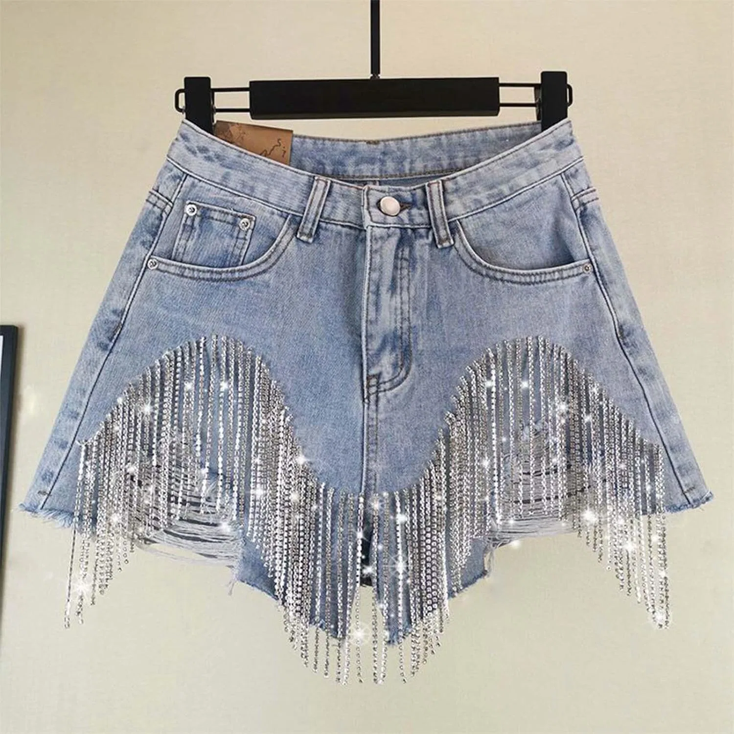 Женские джинсовые шорты с бахромой и стразами Generic, Blue — фото 2