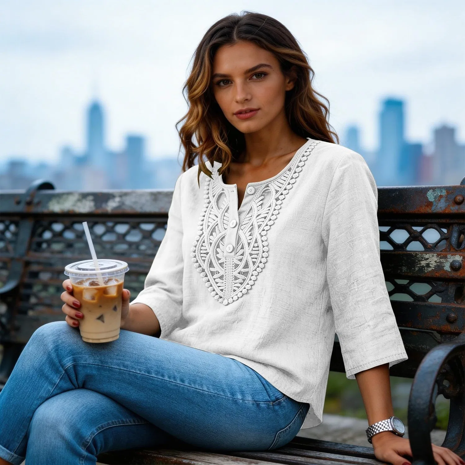 Женская льняная туника с вышивкой Retro 3/4 Sleeve Boho Casual Loose Fit Lightweight Summer Beach Blouse, A-white — фото 3