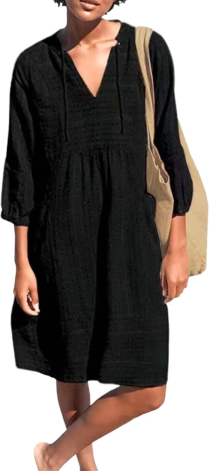 Женское платье-туника с V-образным вырезом Cotton Linen, Black