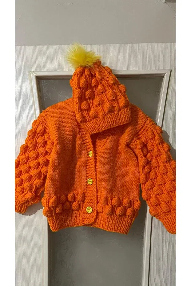 Детский кардиган ручной вязки с капюшоном El Örgüsü Cici Bebe, Orange