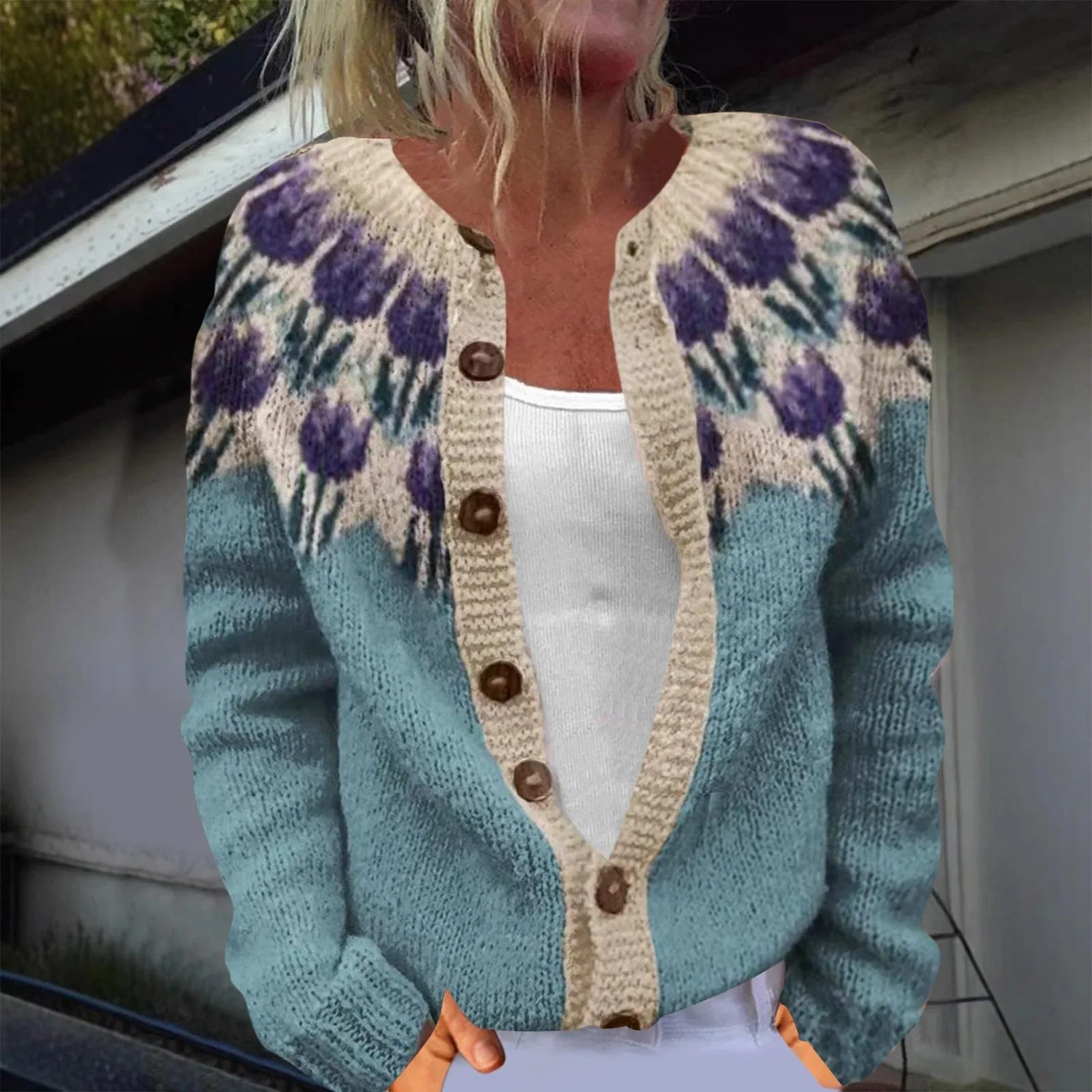 Женский кардиган с нордическим узором Fair Isle с длинным рукавом, Light Blue — фото 2