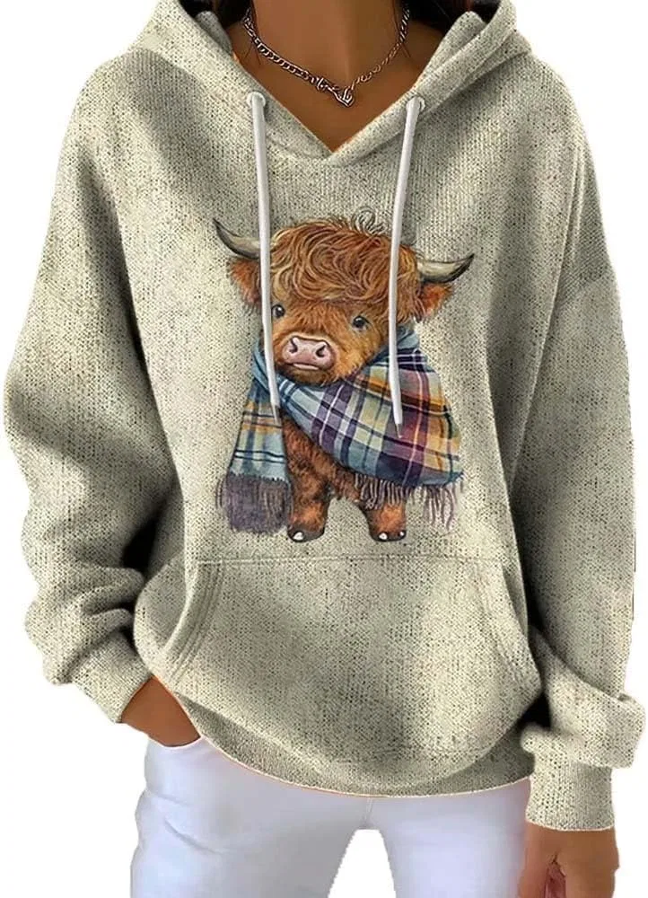 Женский свитшот с принтом Highland Cow, Western, хаки