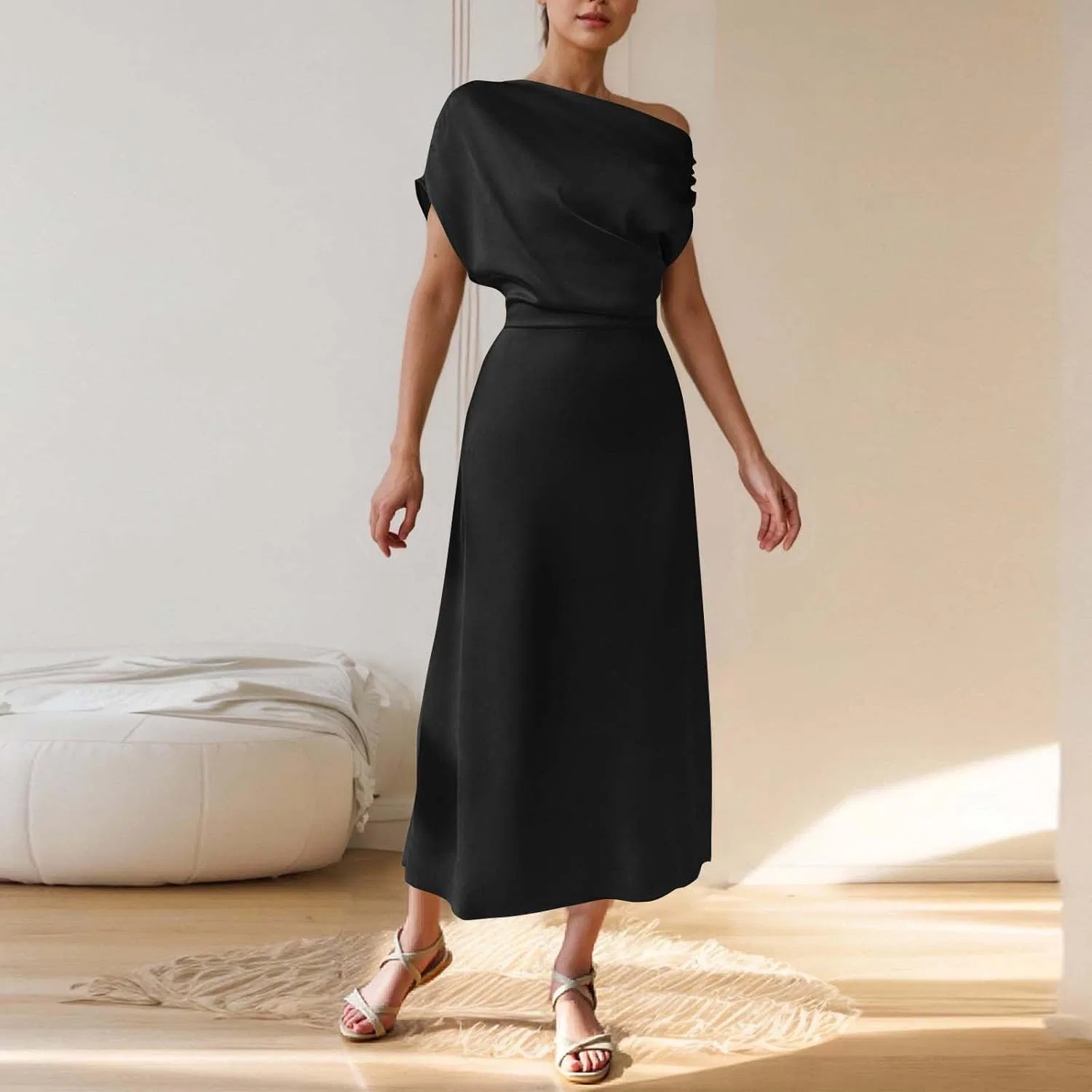 Женское сатиновое платье-макси с одним плечом Bodycon, Black — фото 4