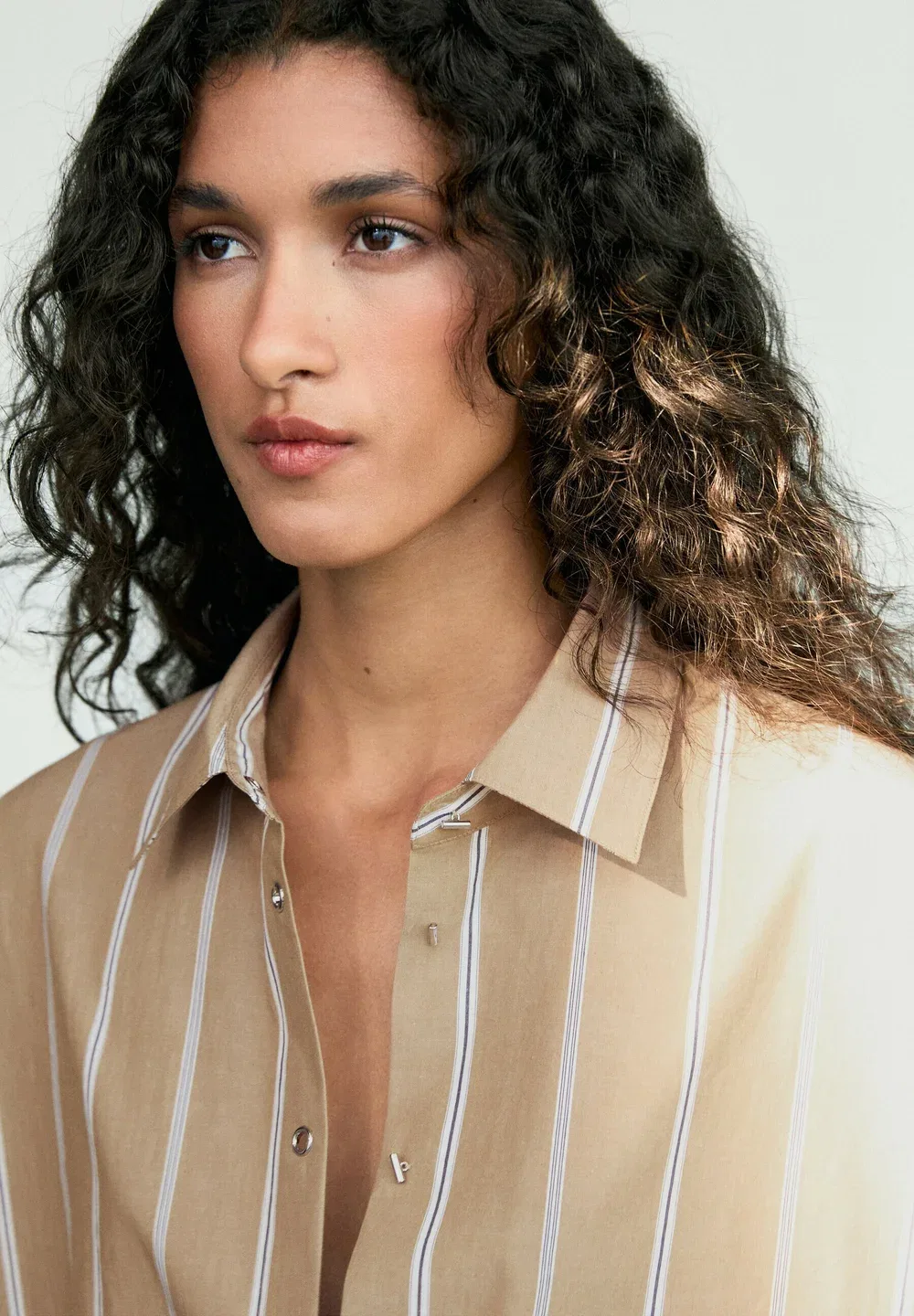 Рубашка в полоску с пуговицами - блузка на пуговицах Massimo Dutti, Dark Brown — фото 3