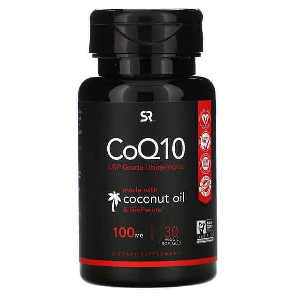 

Коэнзим CoQ10 с кокосовым маслом и биоперином Sports Research 100 мг, 30 капсул