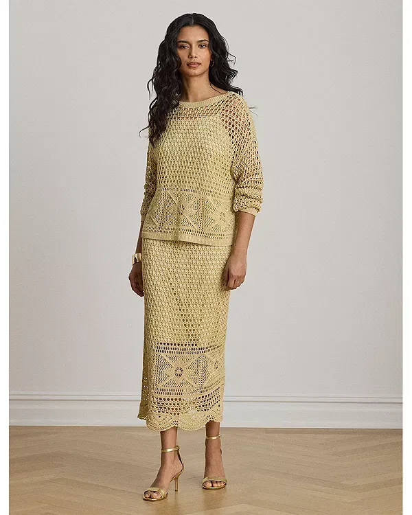 Женская юбка-карандаш миди с ажурным узором Ralph Lauren, Sand — фото 2