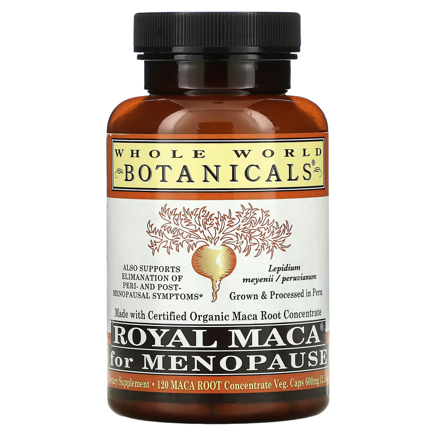 

Whole World Botanicals, Royal Maca®, королевская мака для приема при менопаузе, 500 мг, 120 вегетарианских капсул