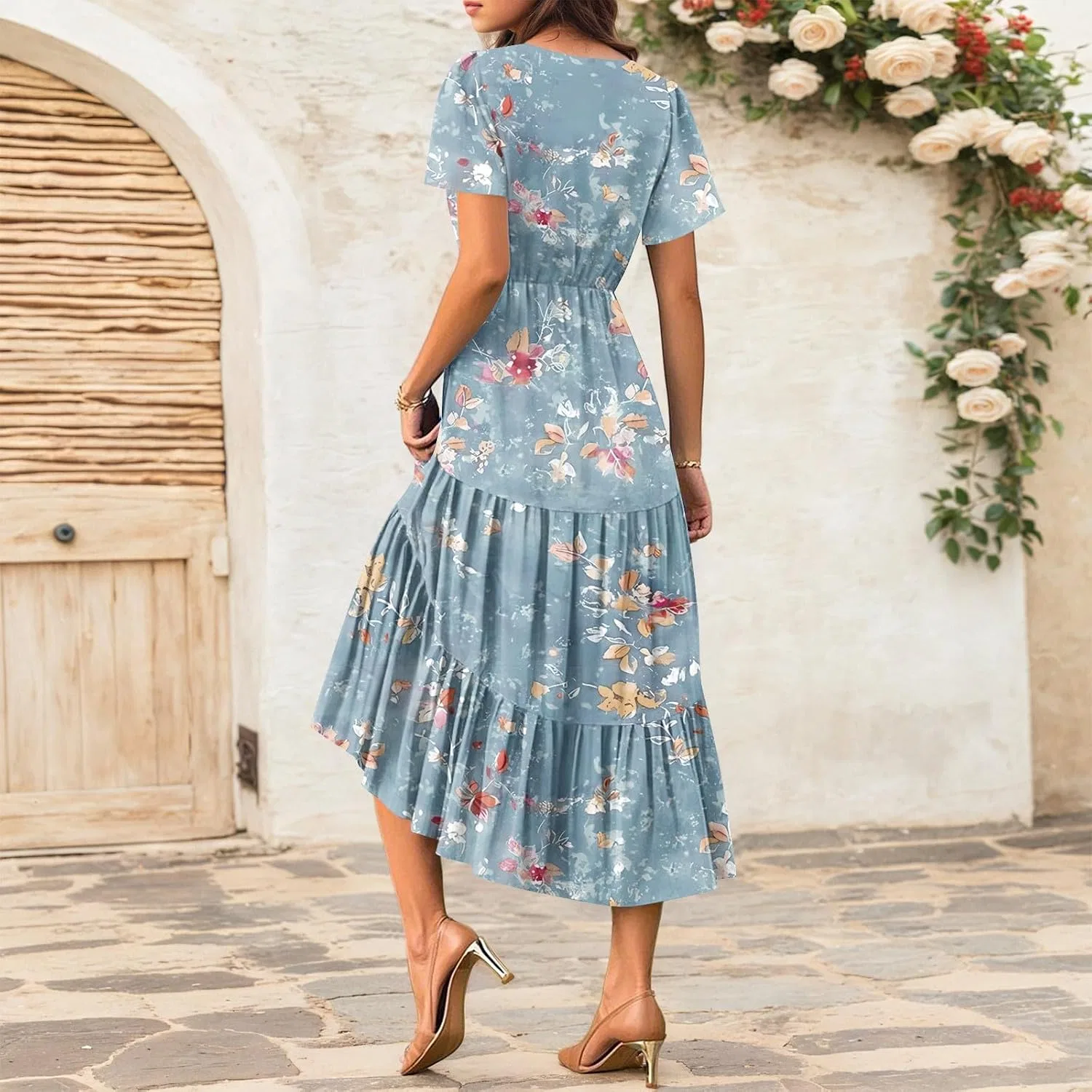 Женское длинное платье с воланами Graduation Dresses for Women Bell Short Sleeve, Light Blue — фото 4